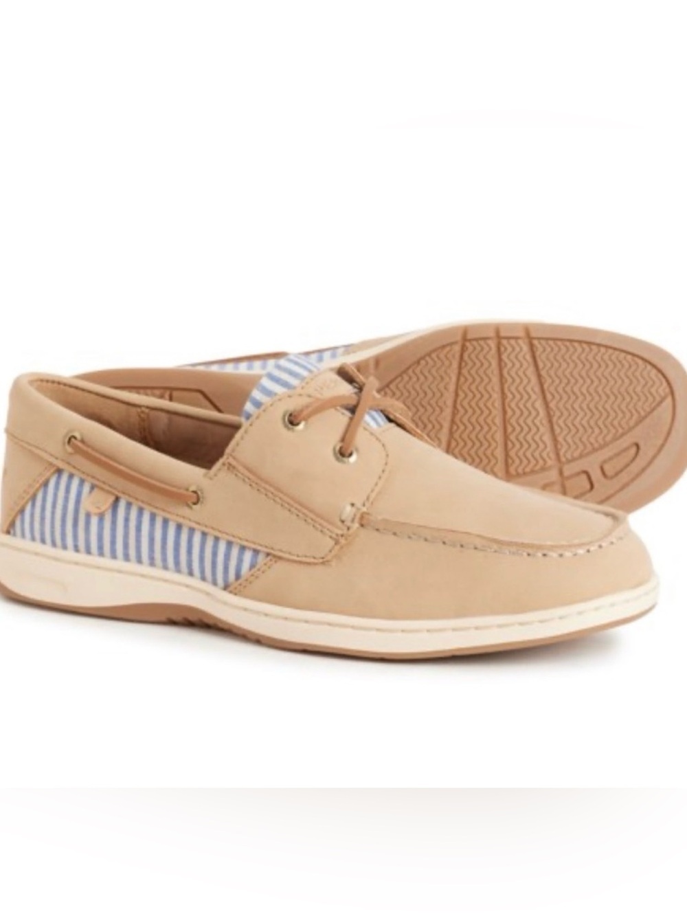 Sperry Whalefish Cream Boat Shoes with Blue linen Stripes 9.5 9 1/2 NEW NWT
